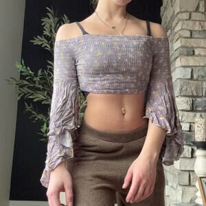 Purple floral off the shoulder crop top one size